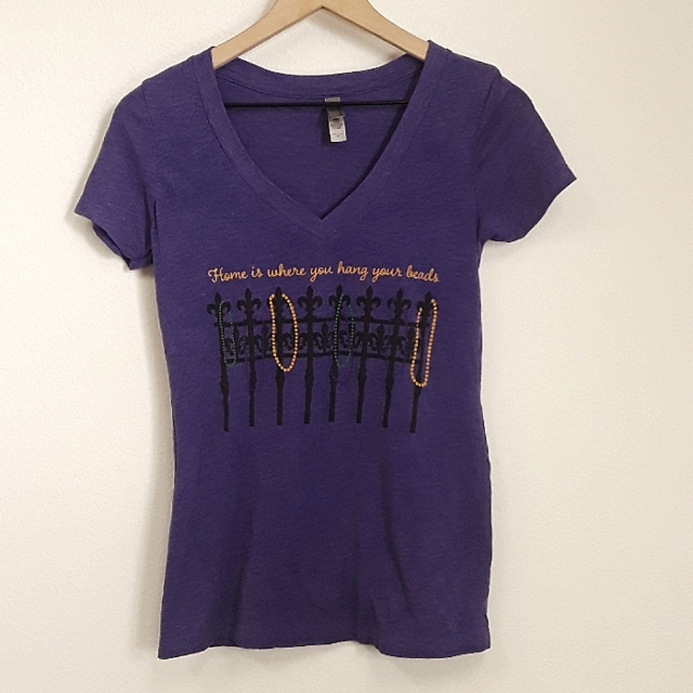 Mardi Gras Themed Purple V-neck T-shirt Medium